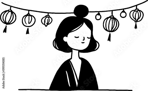 Young woman with bun eyes closed under string lanterns
