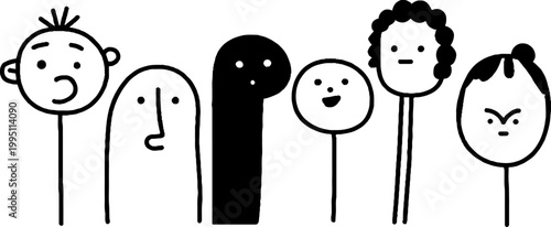 Line drawn faces standing in row on white background