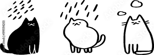 Three cartoon cats reacting to rain on white background