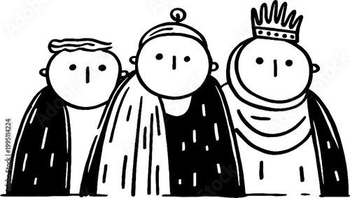 Three cartoon figures standing close together on white background