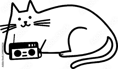 Cat lying with radio on white background line drawing