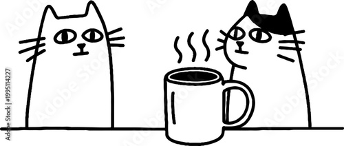 Two cats sitting beside mug on countertop line drawing