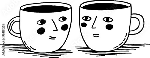 Two cups with faces facing each other on tabletop black ink drawing