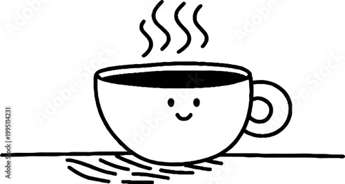 Cup with smiling face steaming on flat surface black ink illustration