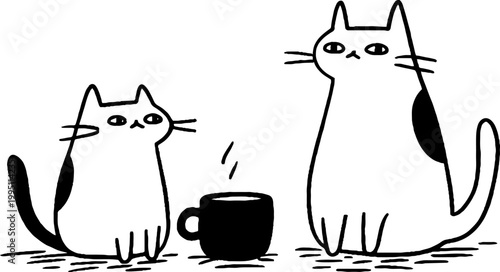 Two cats sitting near cup on floor in simple illustration