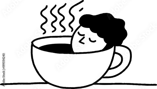 Person resting head in steaming cup on table sketch