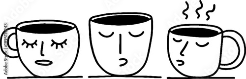 Trio of mugs with sleepy faces on flat white surface