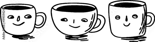 Three smiling mugs with simple faces on white surface