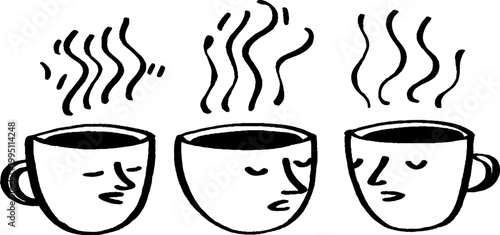 Three face cup mugs emitting steam on plain white background