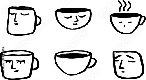 Coffee cups displaying simple face expressions on white background