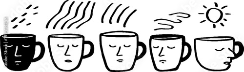 Row of varied face cup mugs with steam and sun symbols