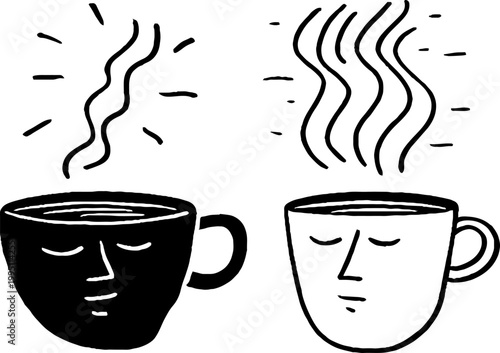 Two contemplative face mugs releasing steam on white backdrop