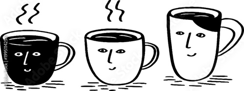 Three smiling coffee mugs with varying faces on white background