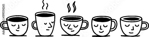 Row of sleepy cups with steaming faces on white surface
