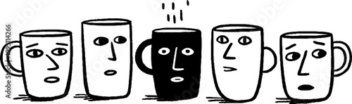 Five face mugs lined up with one dark mug among them