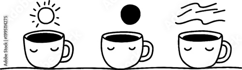 Three peaceful face cups under sun moon and wind icons