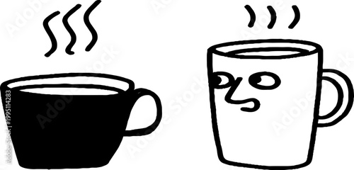 Two steaming cups one with face in simple white background