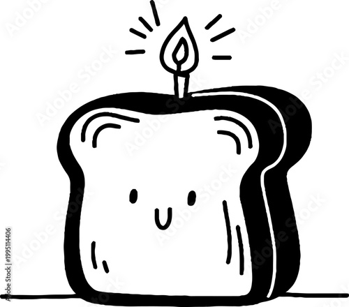 Bread slice character with candle lit on flat surface