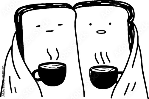 Two bread slice characters holding hot cups wrapped in blanket