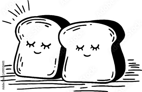Two bread slices smiling with closed eyes on tabletop