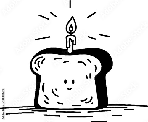 Thick bread piece character with candle burning on tabletop surface