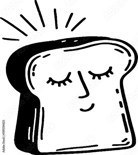 Bread slice with serene face and rays on white background