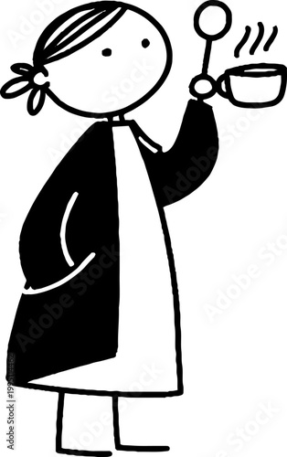 Stick figure woman holding steaming cup in blank background