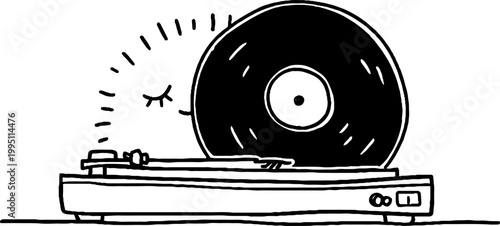 Large vinyl record resting on turntable in simple line scene