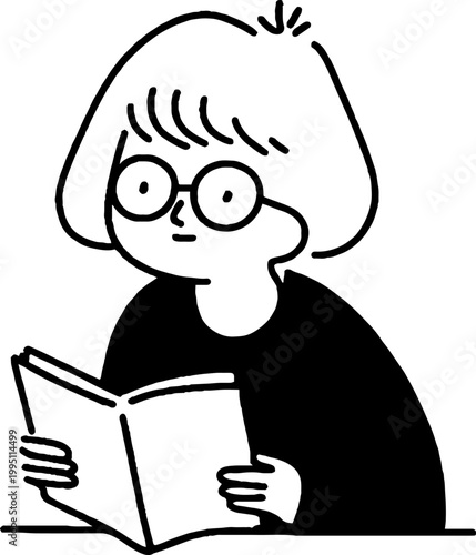 Person with glasses reading book while seated at table