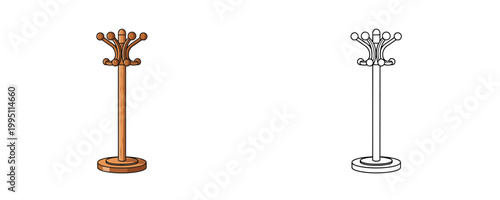 Standing wooden coat rack illustration in flat and line styles brown and white colors furniture item for hanging clothes or hats isolated on white background
