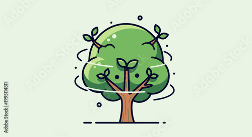 Stylized Green Tree with Growing Leaves and Branches.