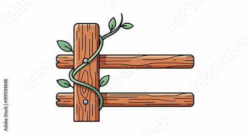 Wooden fence with green vine and leaves illustration.