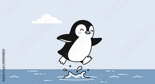 Cute cartoon penguin jumping joyfully in water.