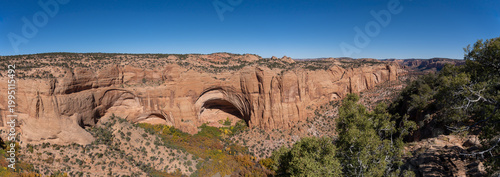 Navajo National Monument in Navajo Nation territory, Arizona. Betatakin ruins in Betatakin Canyon with autumn aspen. One of three well-preserved cliff dwellings of the Ancestral Puebloan people.