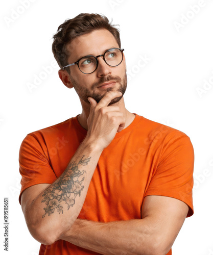 PNG Thoughtful man in orange shirt