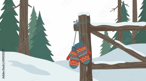 Winter landscape with mittens hanging on a wooden fence