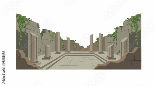Ancient stone ruins with columns and vines illustration