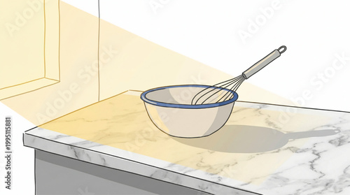 Minimalist digital illustration of a whisk and bowl on a marble countertop