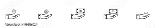 Set of 5 linear icons in black featuring a palm-up hand presenting various money elements: a dollar coin, a euro coin, a dollar bill, a euro bill, and a generic stack of coins. A clear, basic, and ver