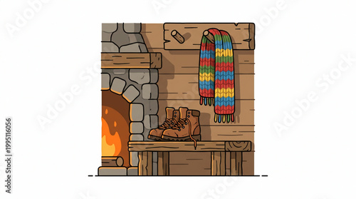 Cozy cabin interior with fireplace and hiking boots