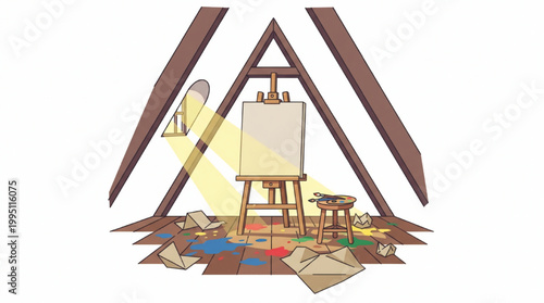 Artist attic studio with easel and paints in warm sunlight