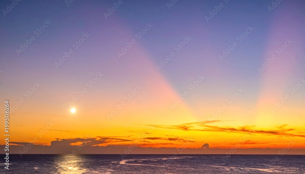 Fototapeta premium Sunset over calm ocean waves horizon.