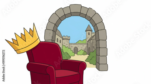 Illustration of a royal crown resting on a chair with a medieval castle archway in the background