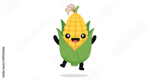 Happy Corn Character Jumping with Joy, Cute Food Mascot
