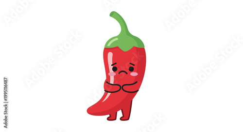 Sad Cute Chili Pepper Character with Tears and Blush