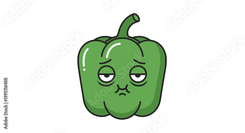 Sad Green Bell Pepper Cartoon Character with Tired Eyes