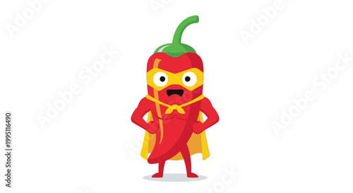 Superhero chili pepper character with cape and mask, funny cartoon food concept