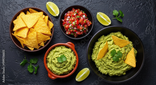 Vibrant Mexican Appetizers: Delicious Guacamole Fresh Pico de Gallo and Golden Tortilla Chips Served on a Dark Textured Background