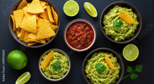 Vibrant Flat Lay of Fresh Guacamole Red Salsa Golden Tortilla Chips with Limes on Dark Tabletop for Mexican Snack