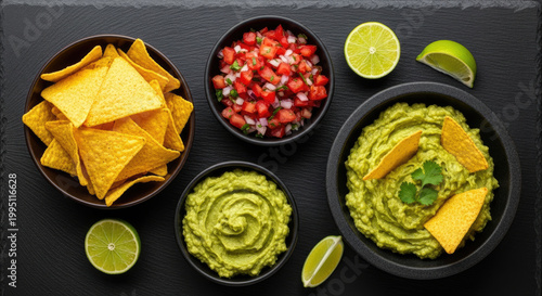 Fresh Mexican appetizers with guacamole vibrant salsa and crispy tortilla chips artfully arranged on a dark stone background top-down view